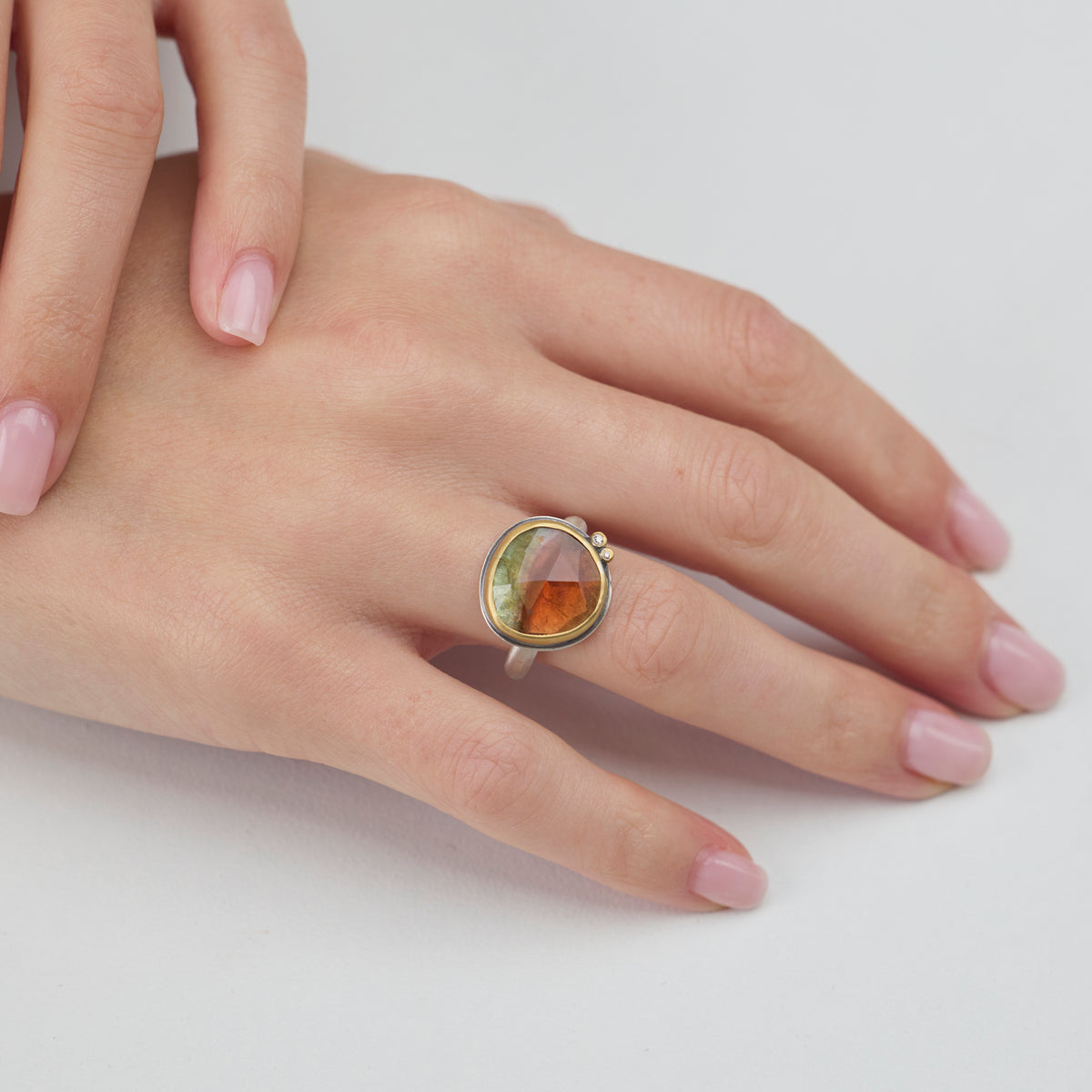 Amber Olive Tourmaline Ring with Diamond Duo
