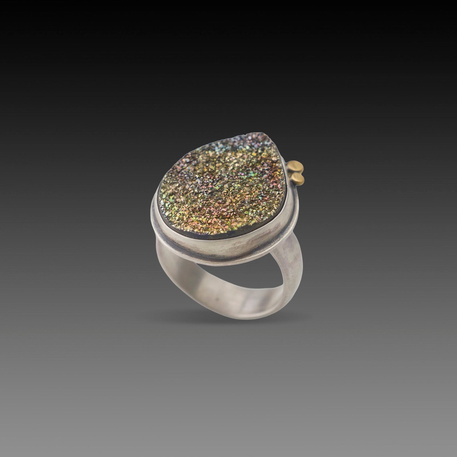 Pyrite Druzy Ring with 22k Dots