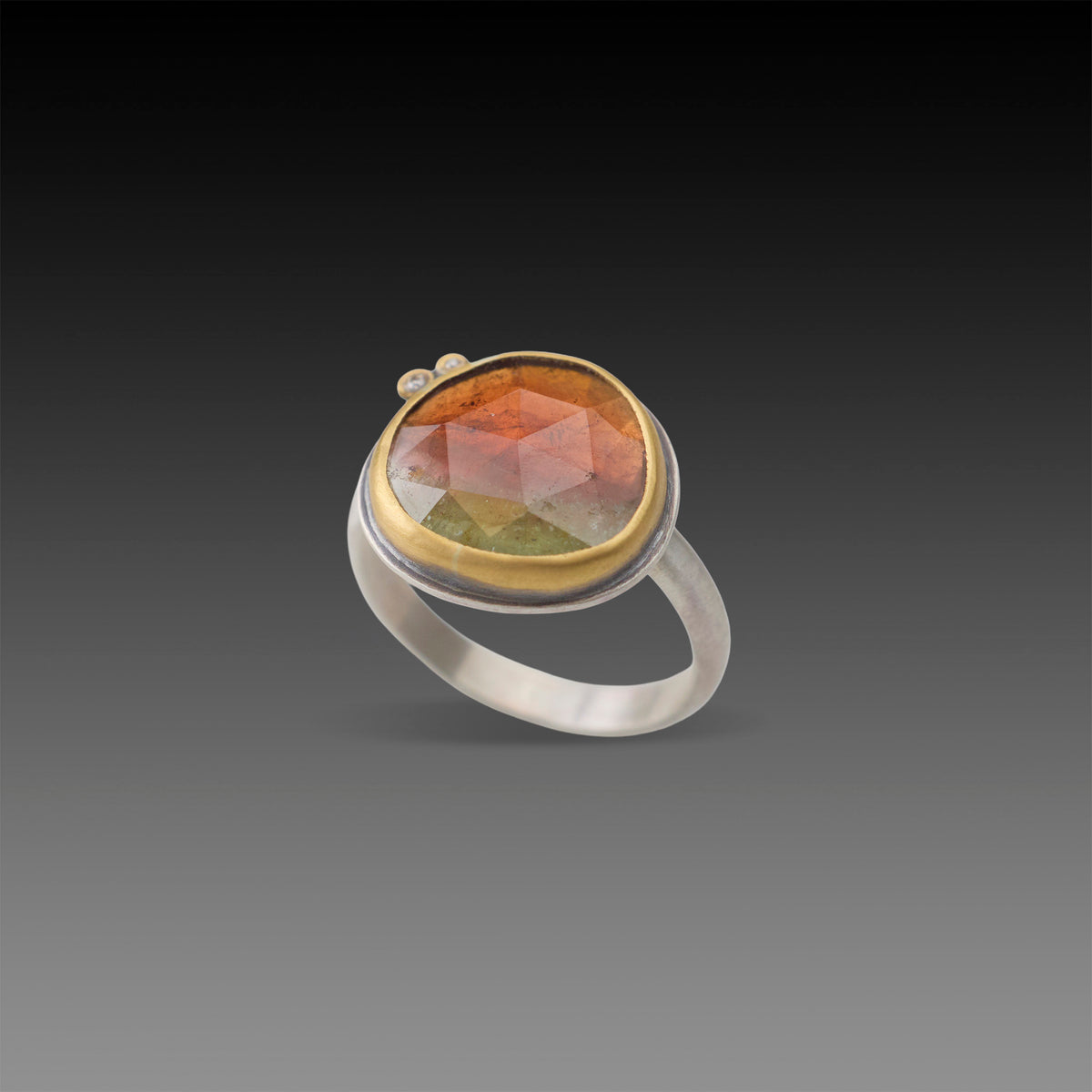 Amber Olive Tourmaline Ring with Diamond Duo