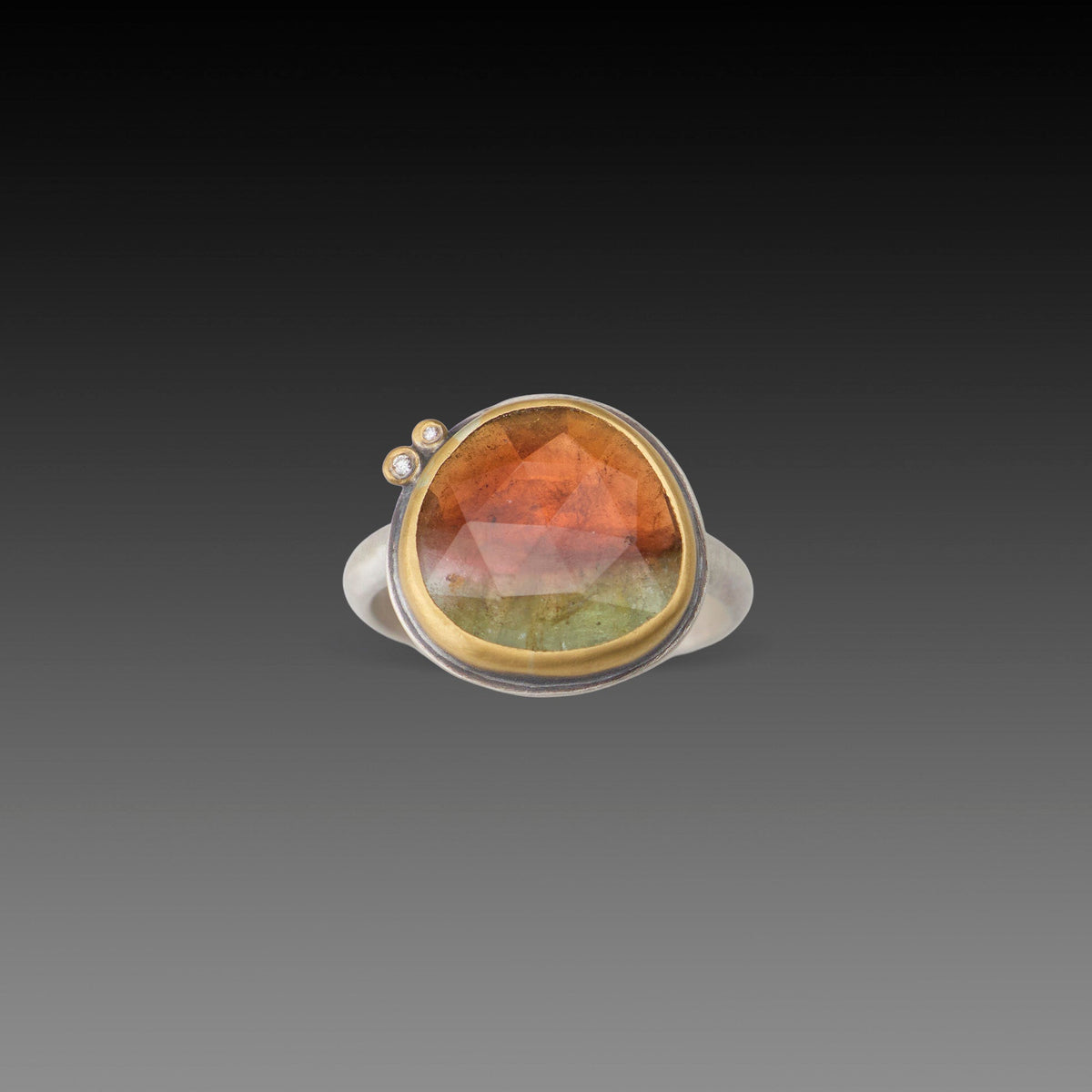 Amber Olive Tourmaline Ring with Diamond Duo