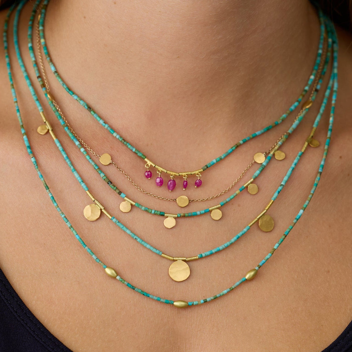Turquoise Necklace with Five Ruby Drops