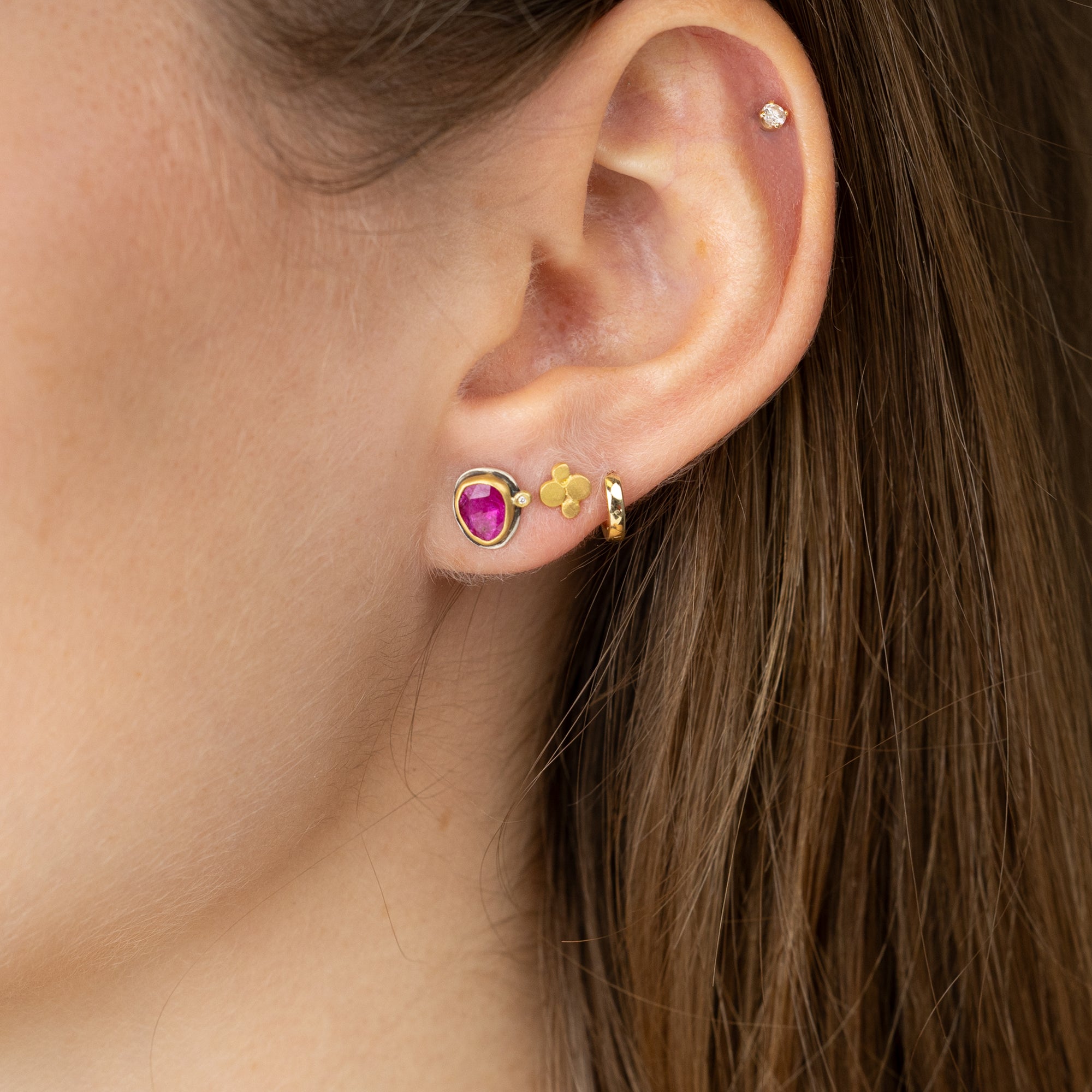 Ruby with Diamond Dot Stud Earrings
