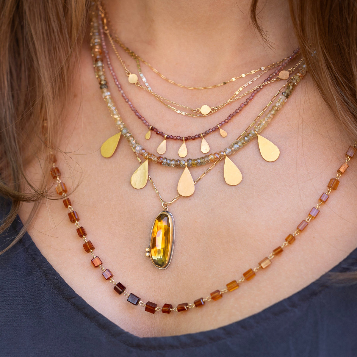 Zircon Beaded Necklace with Hammered Gold Teardrops