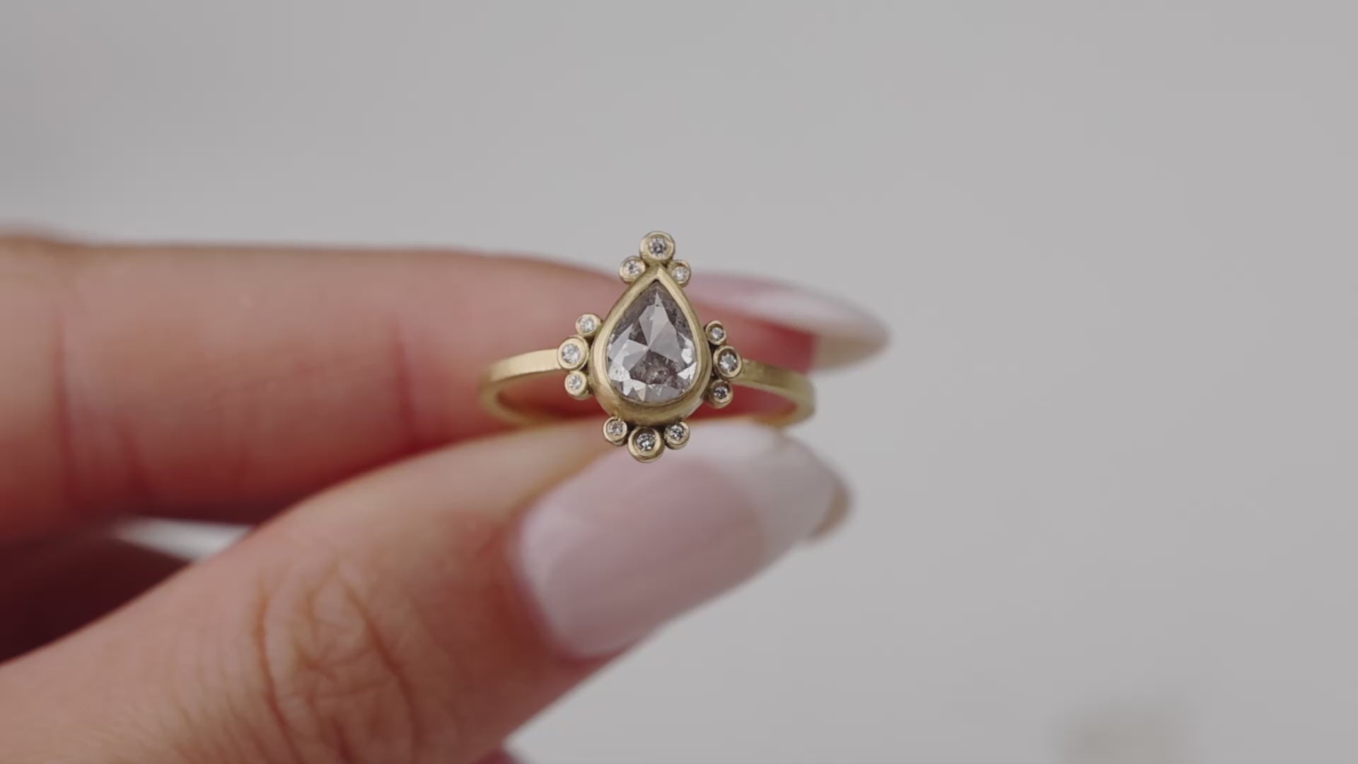 Teardrop Gray Diamond Ring with Diamond Trios