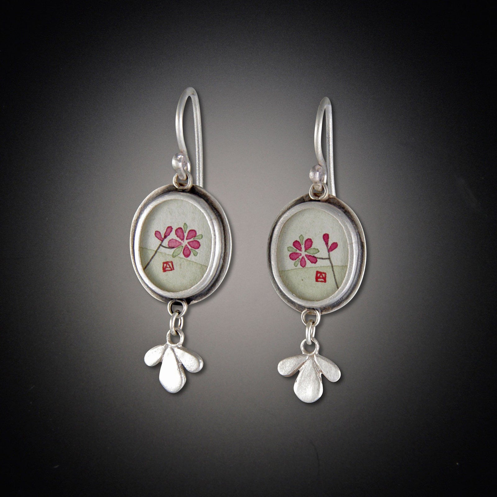 Tiny Oval Plum Blossom Earrings with Leaf Trios