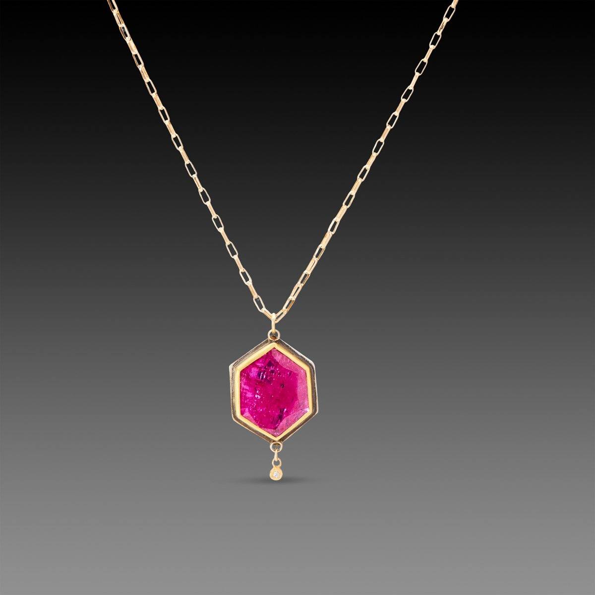 Ruby Hexagon Necklace with Diamond Drop