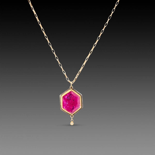 Ruby Hexagon Necklace with Diamond Drop