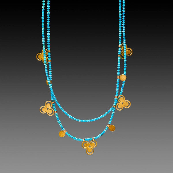 Turquoise Bead Necklace with 22k Filigree Trios