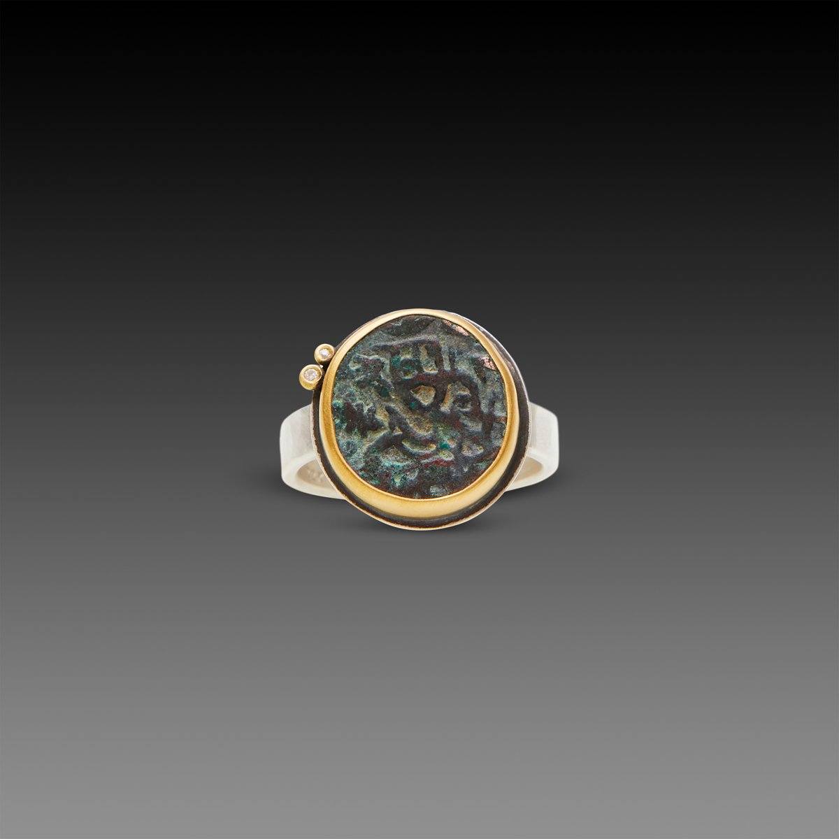 Ancient Indian Coin Ring with Two Diamonds