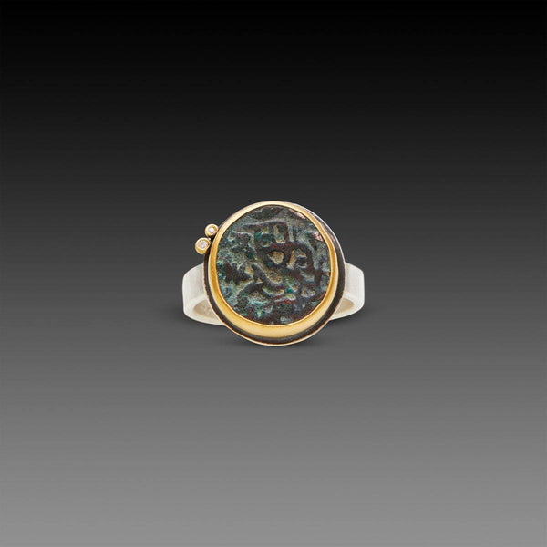 Ancient Indian Coin Ring with Two Diamonds
