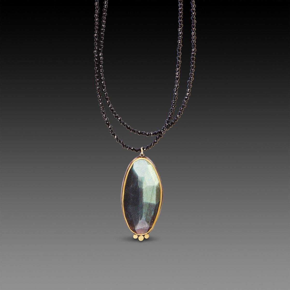 Rose Cut Labradorite on Long Black Spinel Necklace