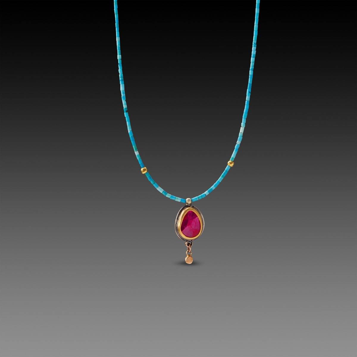 Ruby Teardrop and Turquoise Beaded Necklace