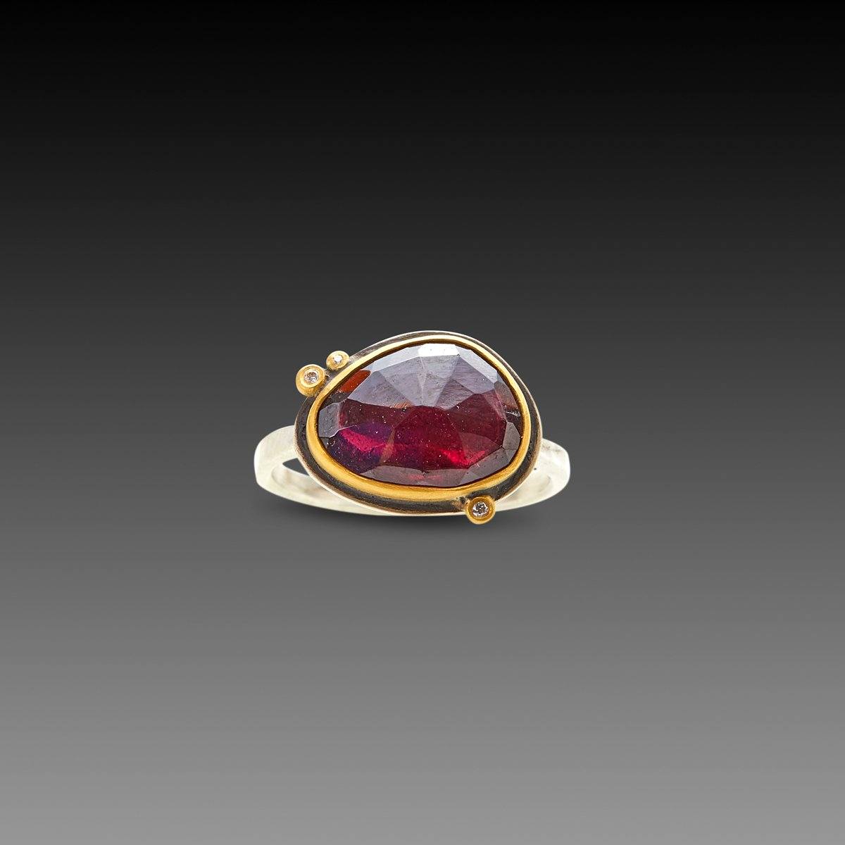 Rose Cut Rhodolite Garnet Ring with Three Diamonds