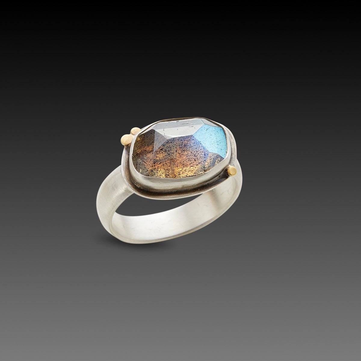 Labradorite Ring with Three Gold Dots