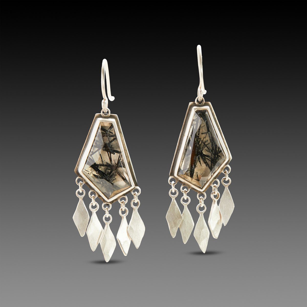 Tourmalinated Quartz Earrings with Sterling Fringe