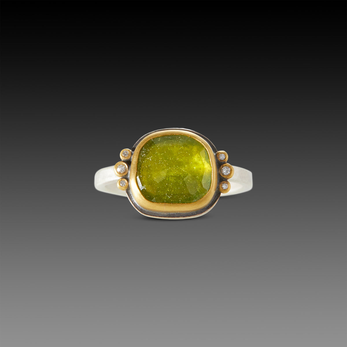 Vesuvianite Ring with Diamond Trios