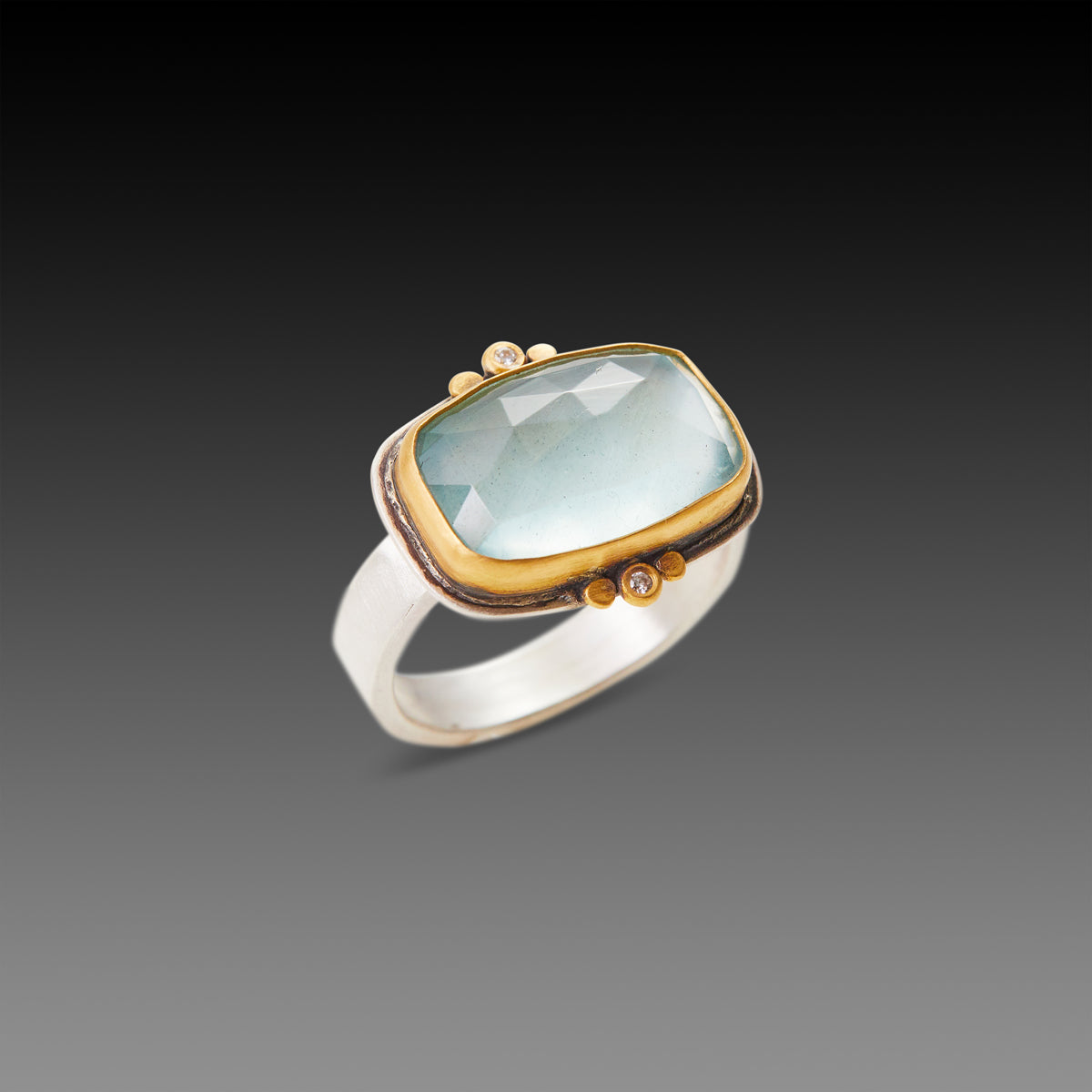 Rose Cut Aquamarine Ring with Diamond Trios