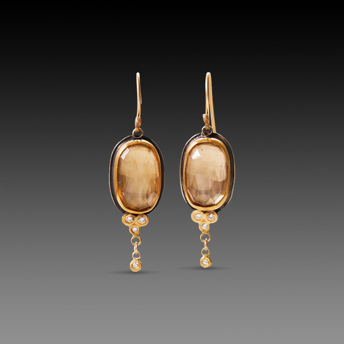 Champagne Quartz Earrings with Diamond Trios