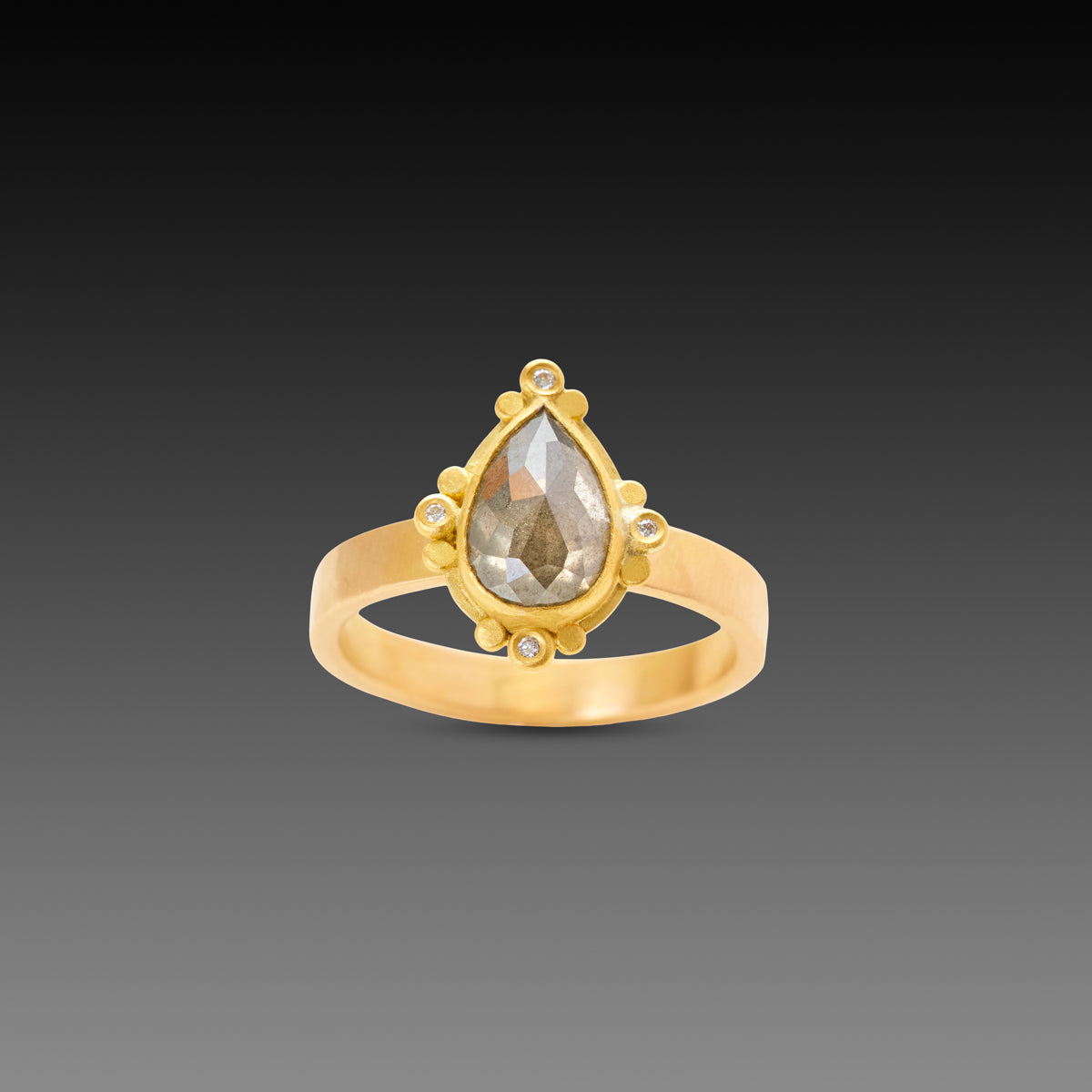 Teardrop Gray Diamond Ring with Diamond Trios