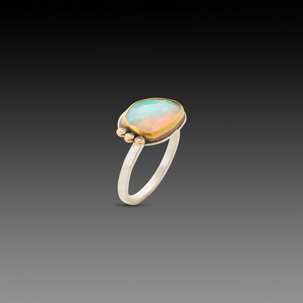 Rose Cut Ethiopian Opal Ring With Three Diamonds