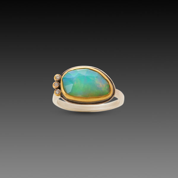 Rose Cut Ethiopian Opal Ring With Three Diamonds