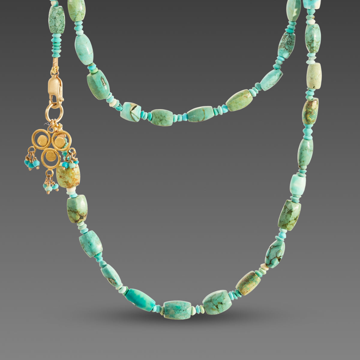 Long Turquoise Necklace with Gold Trio Charm