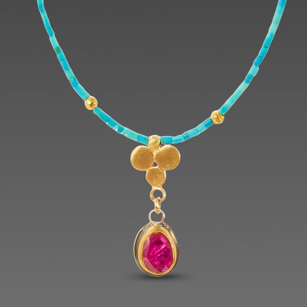 Ruby and Gold Trio Turquoise Necklace