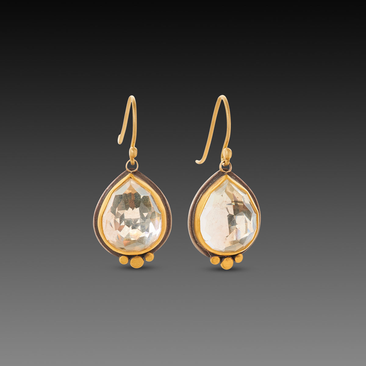 Clear Topaz Teardrop Earrings with 22k Gold Dots