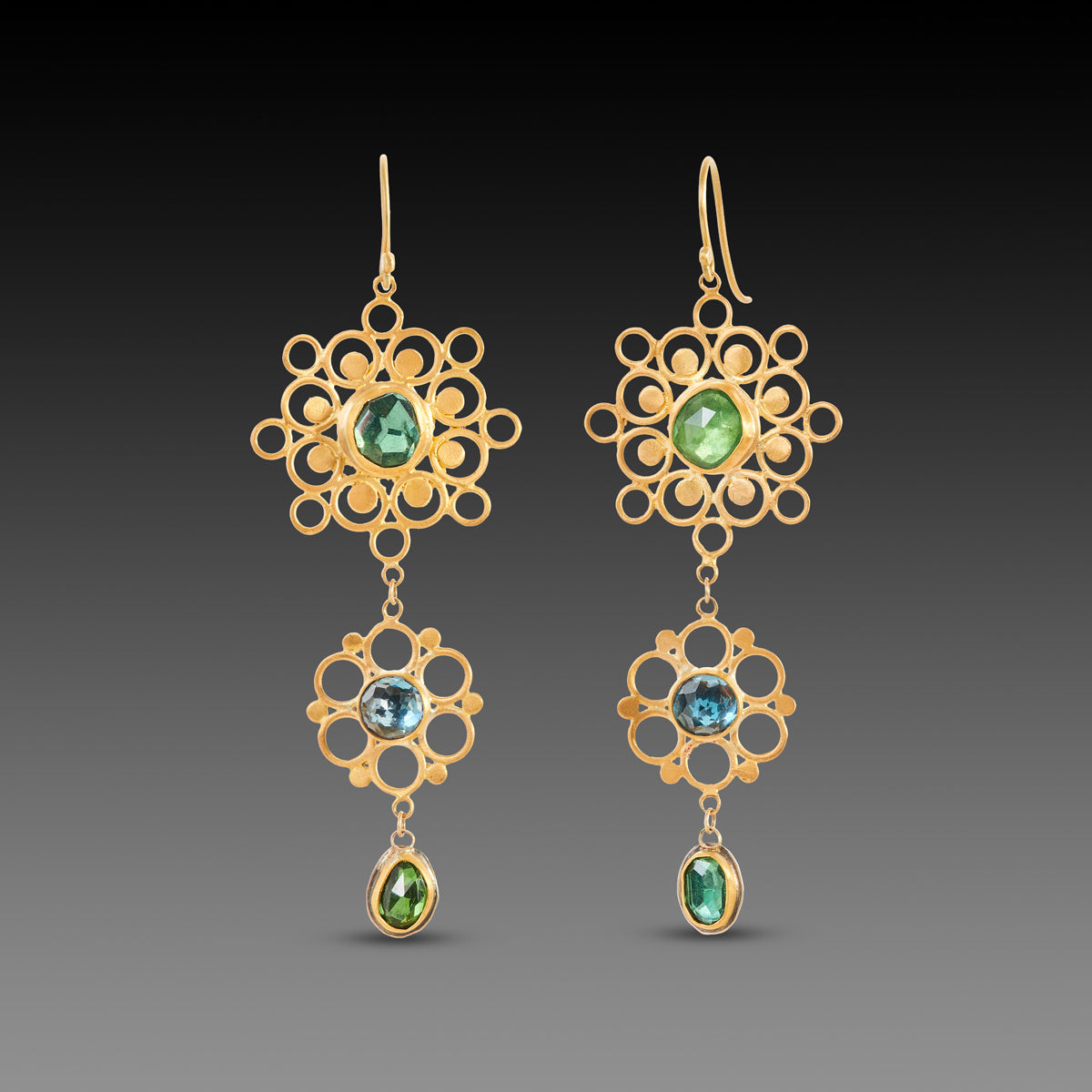 Tourmaline and Topaz Filigree Earrings