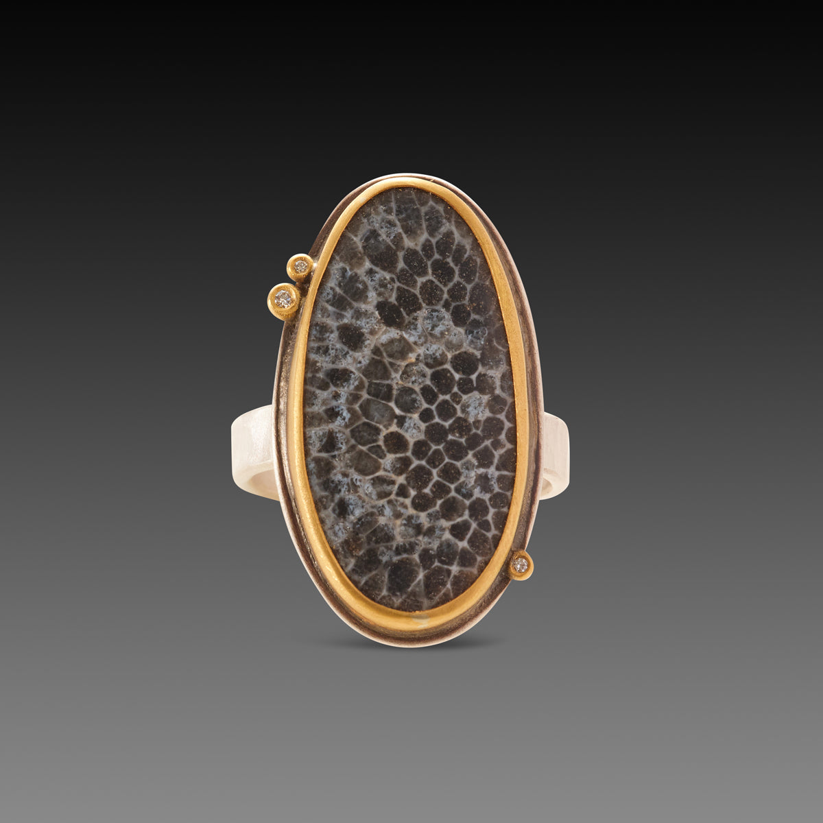 Bryozoan Fossil Ring with Three Diamonds