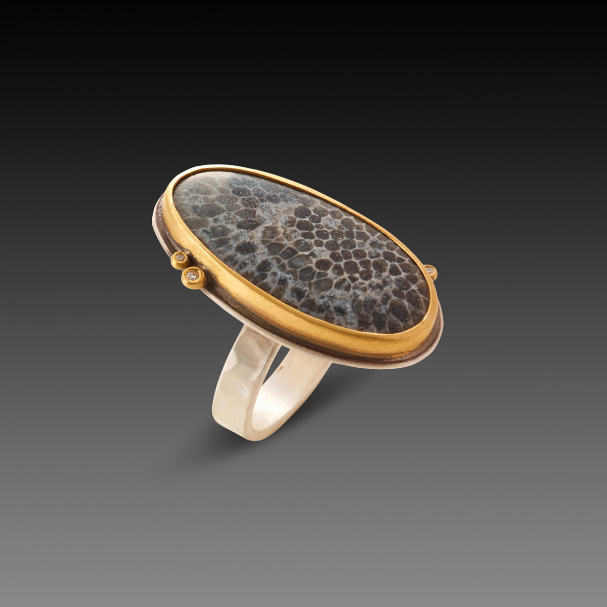 Bryozoan Fossil Ring with Three Diamonds