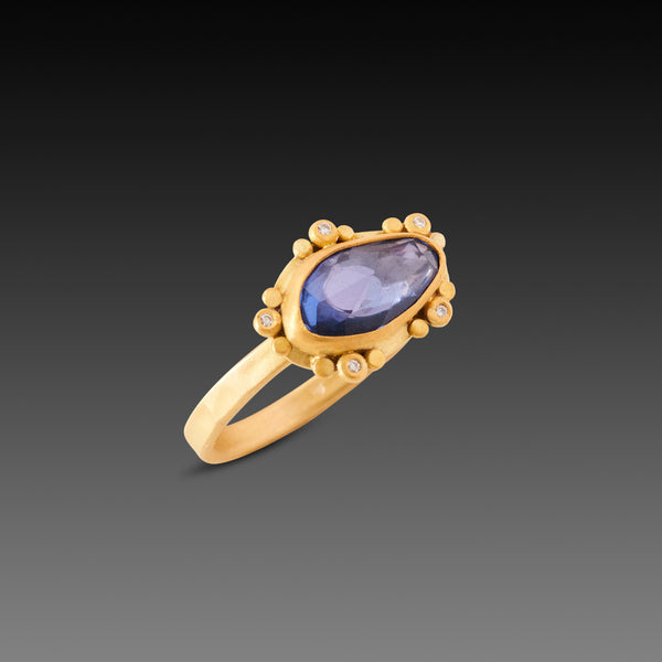 Blue Sapphire Ring with Diamond Dot Trios
