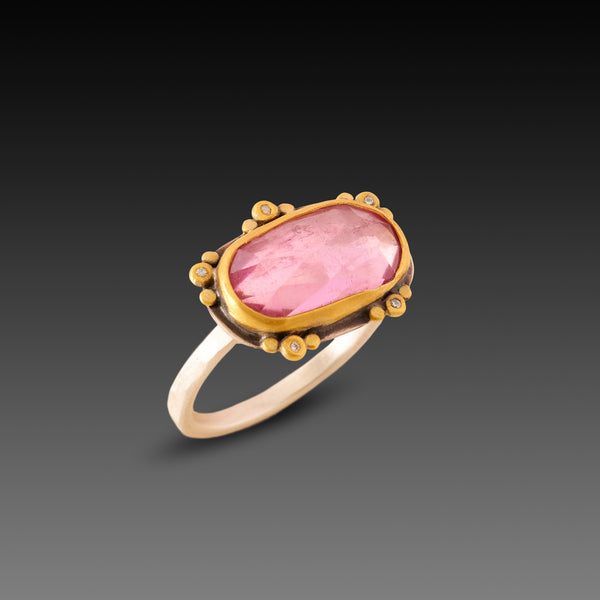 Delicate Pink Tourmaline Ring with Diamond Trios