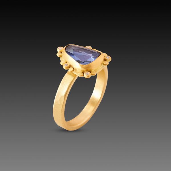 Deep Blue Sapphire Ring with Diamond Trios