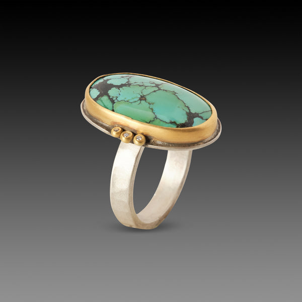 Turquoise Ring with Diamond Trios