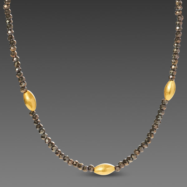 Pyrite Necklace with Gold Rice Beads