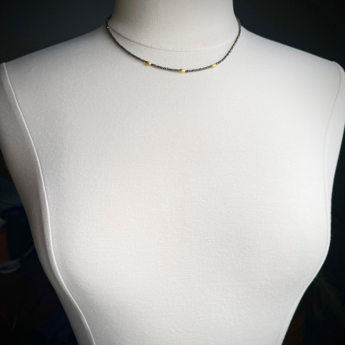 Pyrite Necklace with Gold Rice Beads