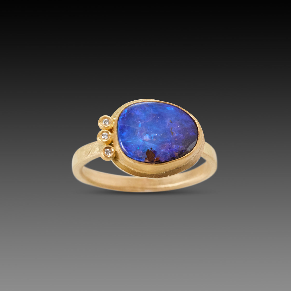 Organic Australian Boulder Opal Ring with Three Diamonds