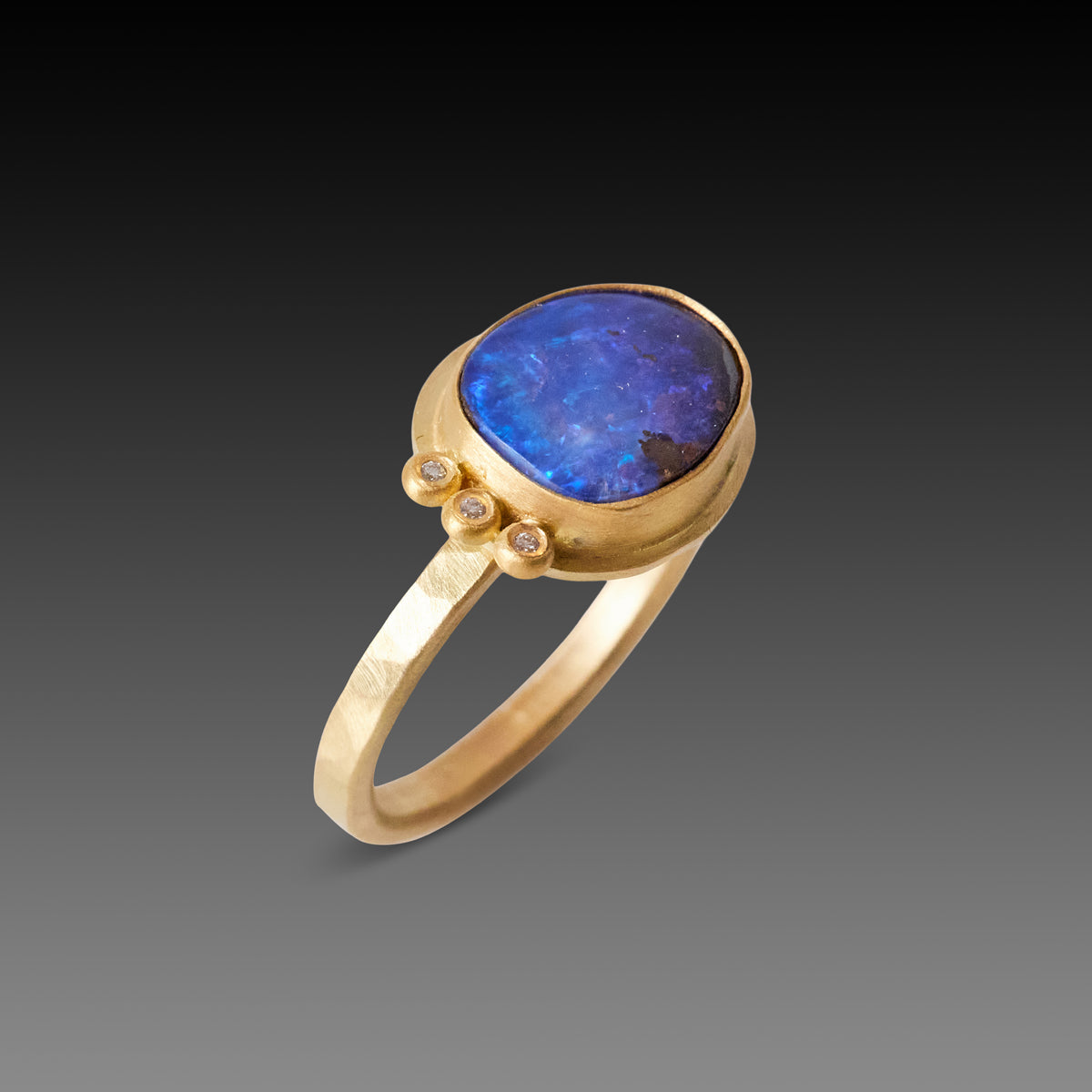 Organic Australian Boulder Opal Ring with Three Diamonds