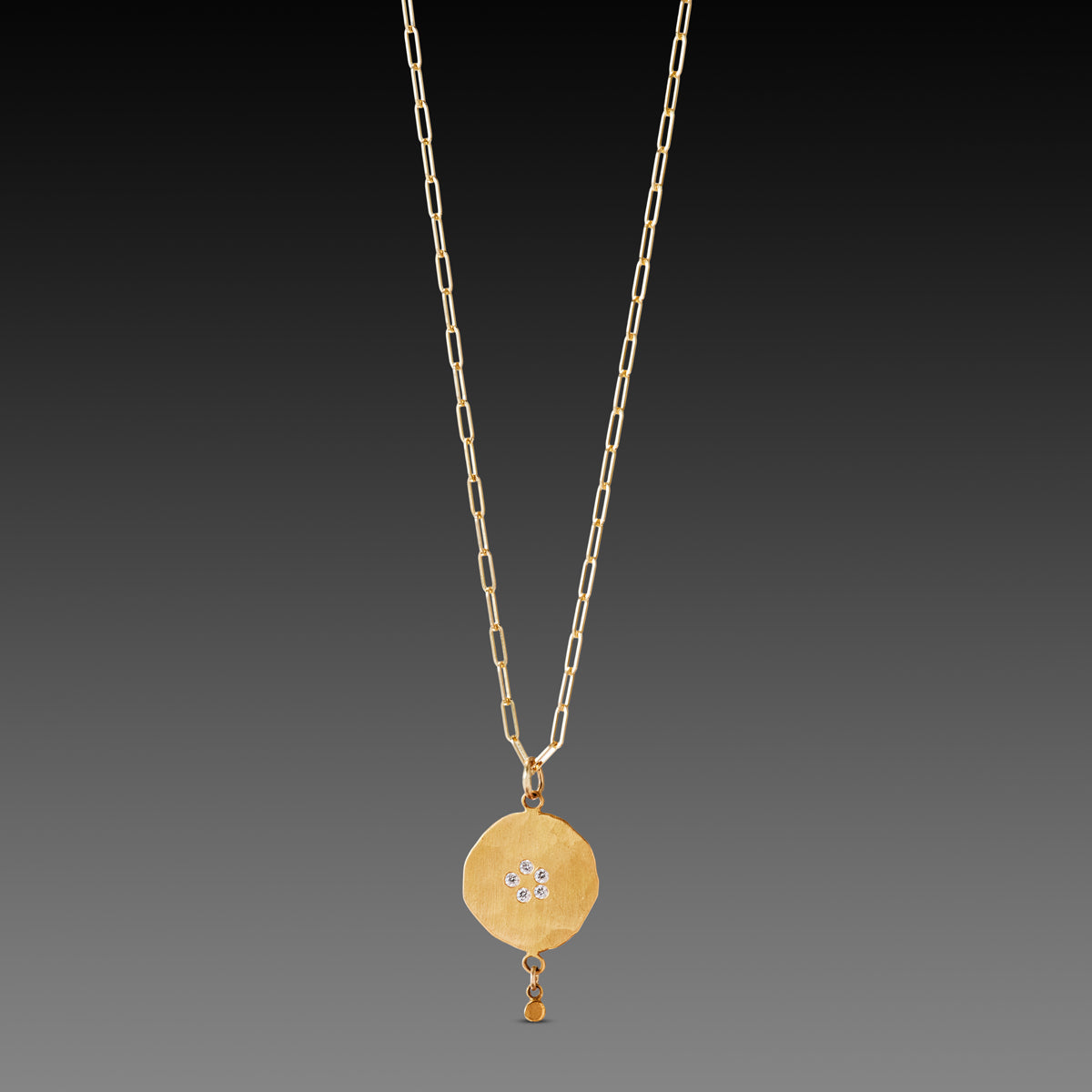 Hammered Gold Disk Necklace with Diamonds &amp; Drop