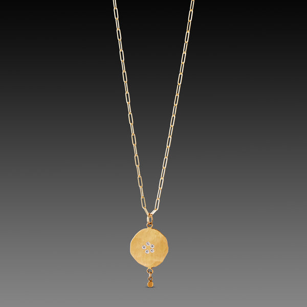 Hammered Gold Disk Necklace with Diamonds & Drop