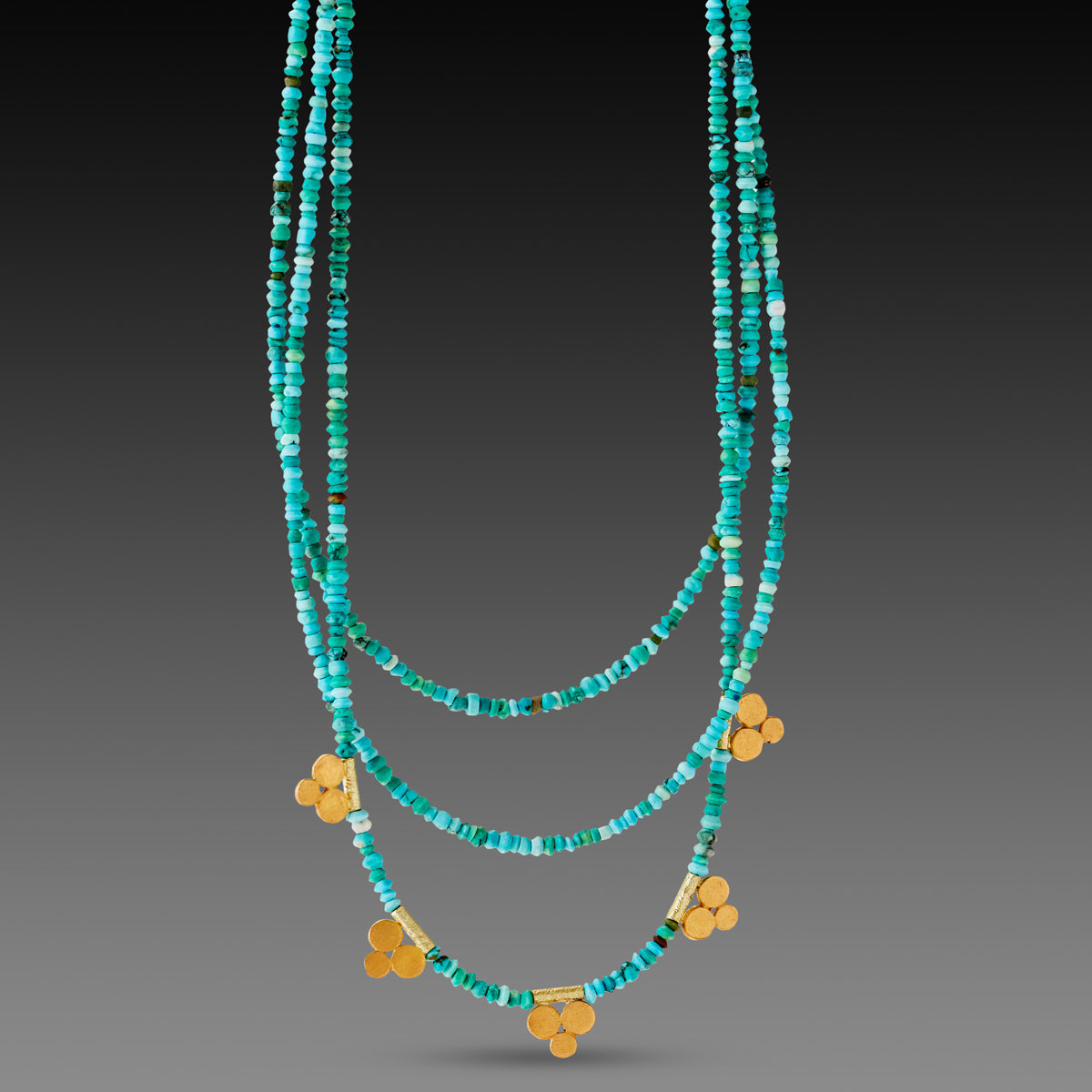 Triple Strand Turquoise Necklace with Gold Trios