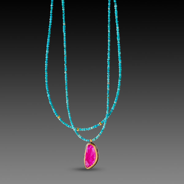 Double Strand Turquoise Necklace with Ruby
