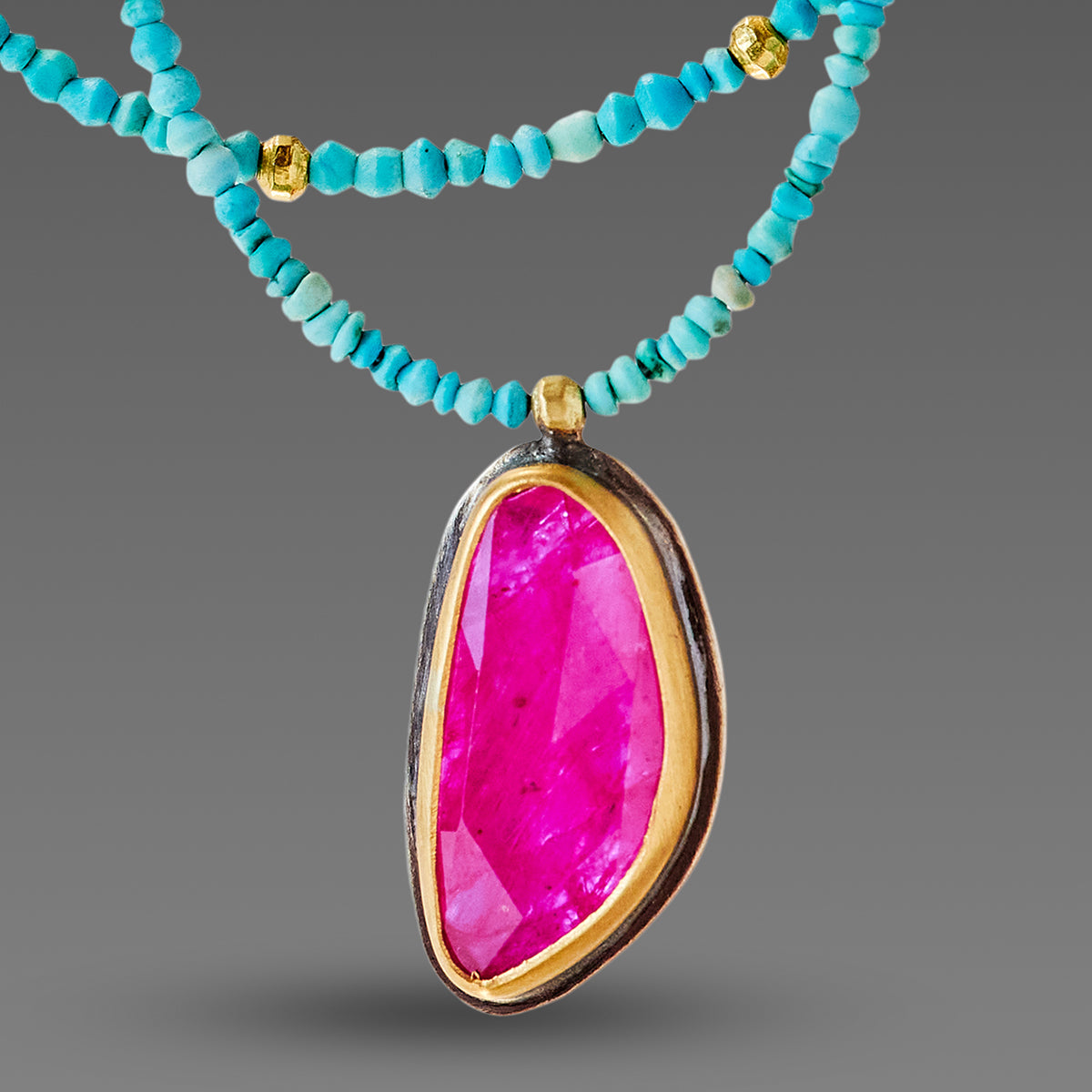 Double Strand Turquoise Necklace with Ruby - Main Image
