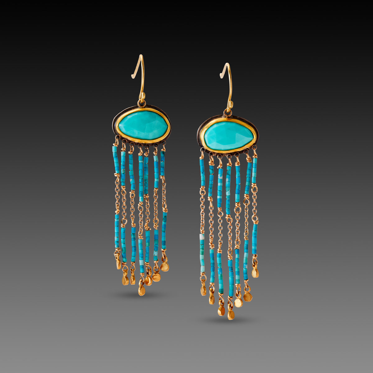 Turquoise &amp; Gold Beaded Fringe Earrings