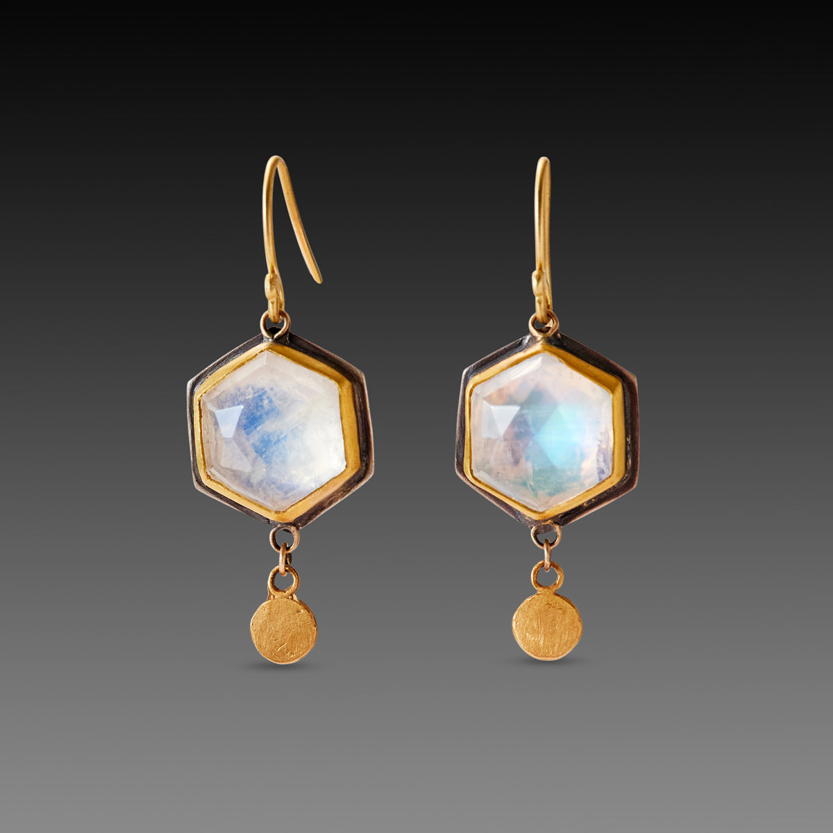 Hexagon Moonstone Earrings with Gold Drops