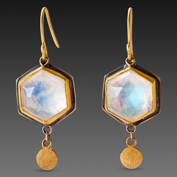 Hexagon Moonstone Earrings with Gold Drops