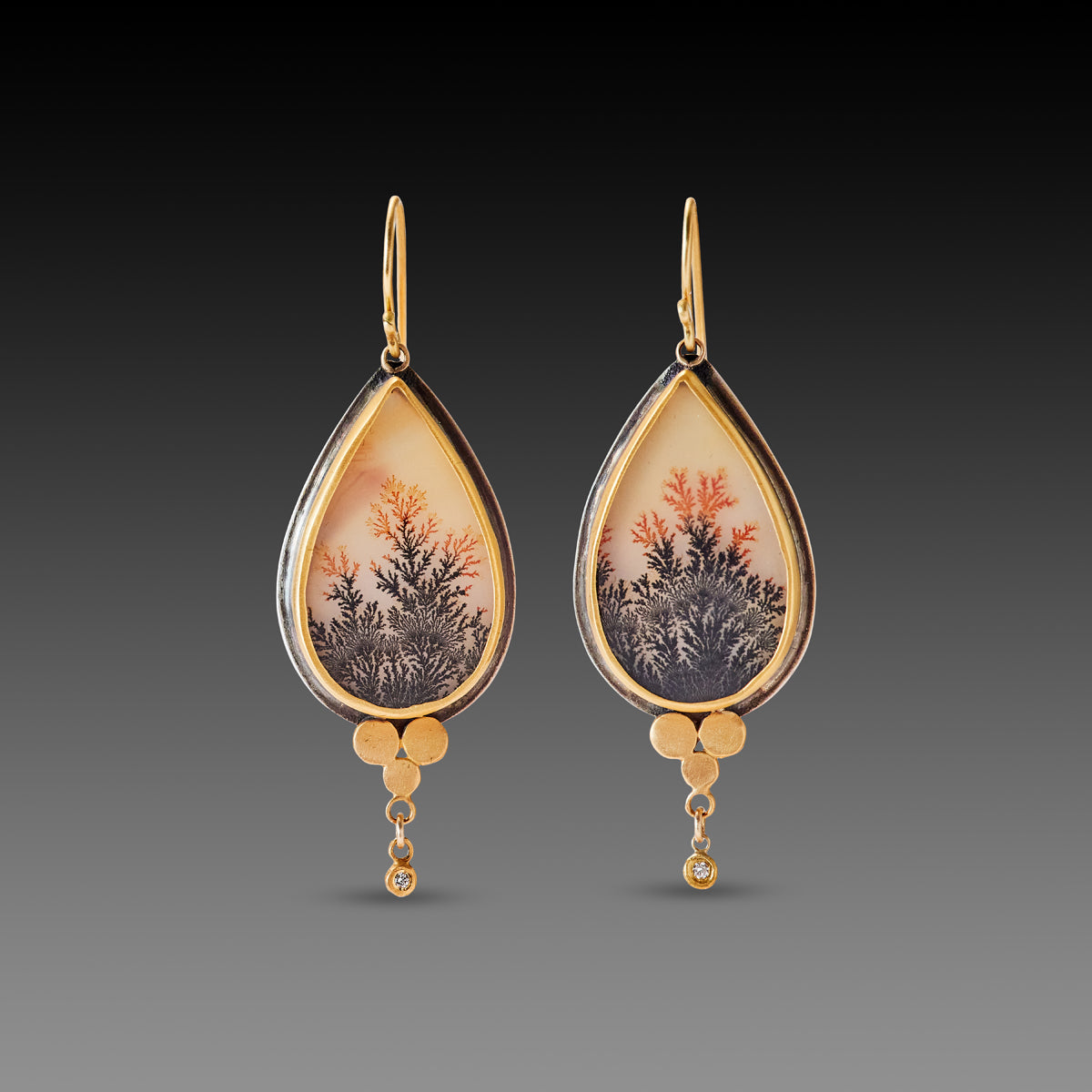 Dendritic Agate Earrings with Gold Trios &amp; Diamonds