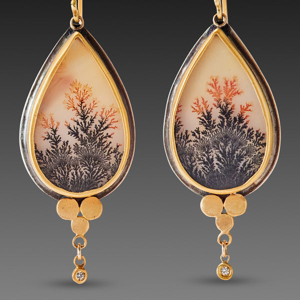 Dendritic Agate Earrings with Gold Trios & Diamonds