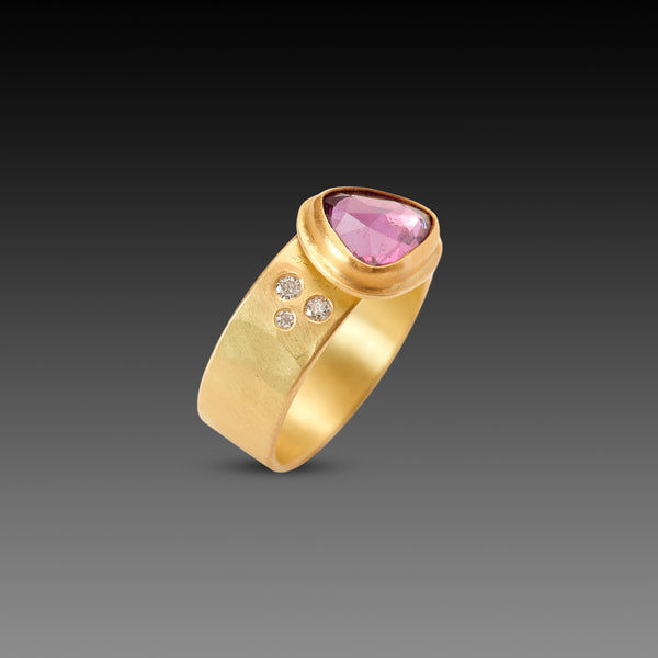 Pink Sapphire Ring with Diamond Trios